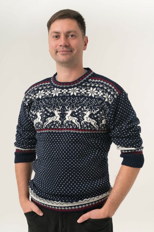 Wool Sweater With Reindeers For Men, Knitted Men'S Sweater With Crew Neck, Christmas Sweater