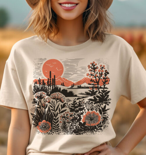 Vintage Botanical Shirt, Beauty Of Nature Tee, Sunset Wildflowers Tee Shirt,Poppy Flower T-Shirt, Cottage Core Floral Shirt